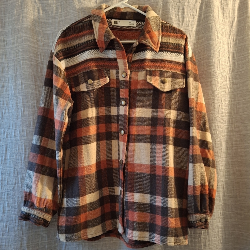 BKE Orange Brown Plaid Button Down Shacket-Size S